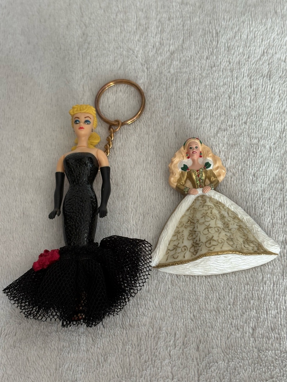 Lot 2 VTG 90’s Blonde Barbie Christmas pin and Black evening Gown Doll Key Chain